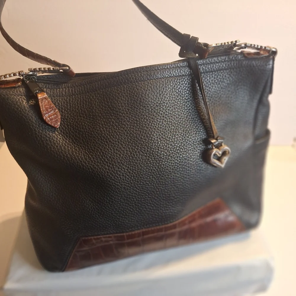 Brighton Blac Pebble Leather Shoulder Bag with Brown Trim